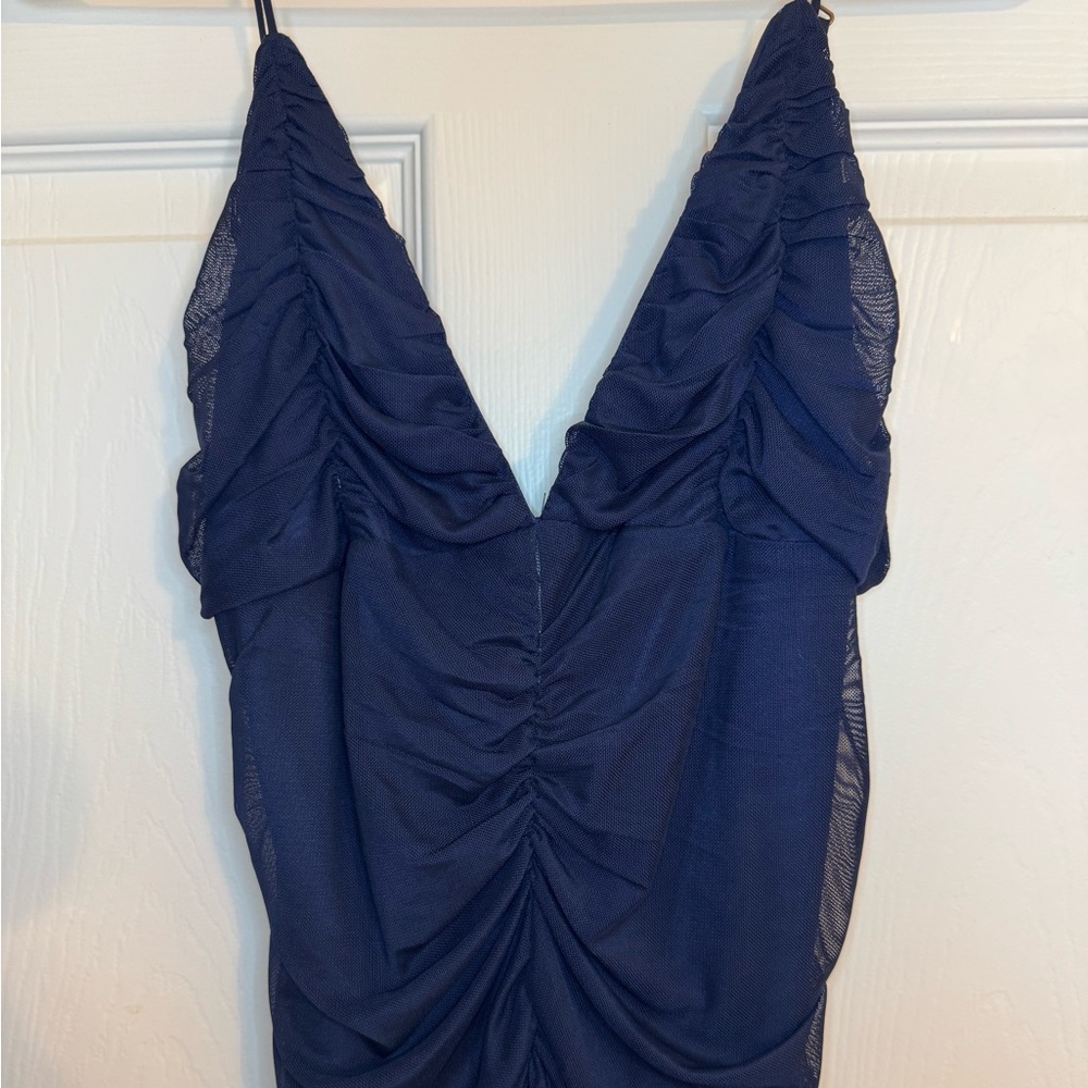 Navy Mesh Ruched Dress - Picture 2 of 6